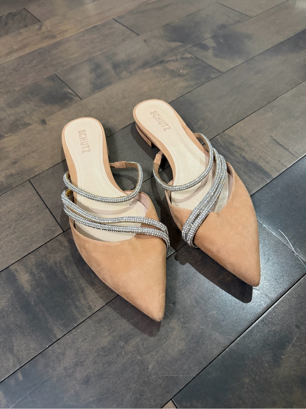SCHUTZ Tan Pointed Toe Mules with Rhinestone Straps